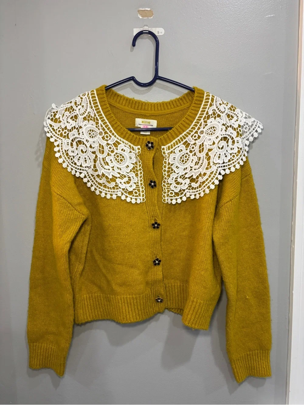 RARE Anthropologie Maeve Mustard Yellow Lace Collar Cardigan Sweater Size M